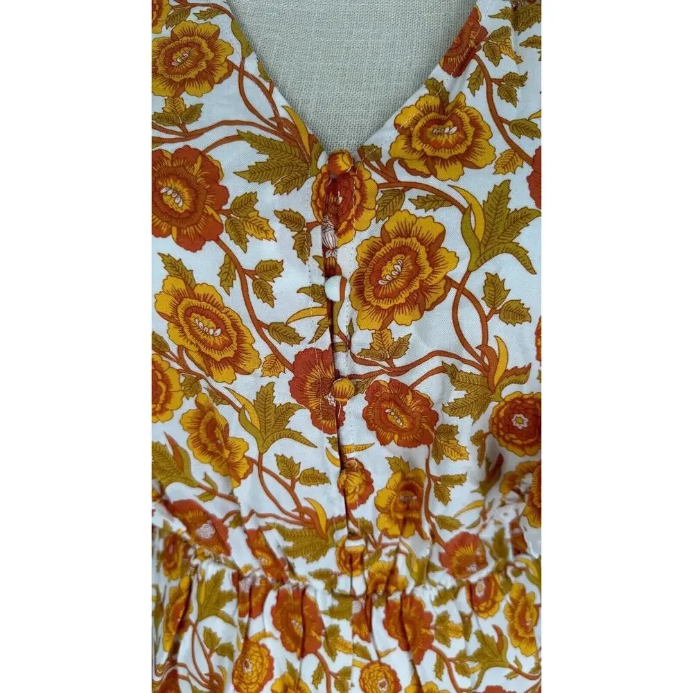 Entro Womens Orange Gold Floral Playsuit Romper Elastic Waist Size Small NWT